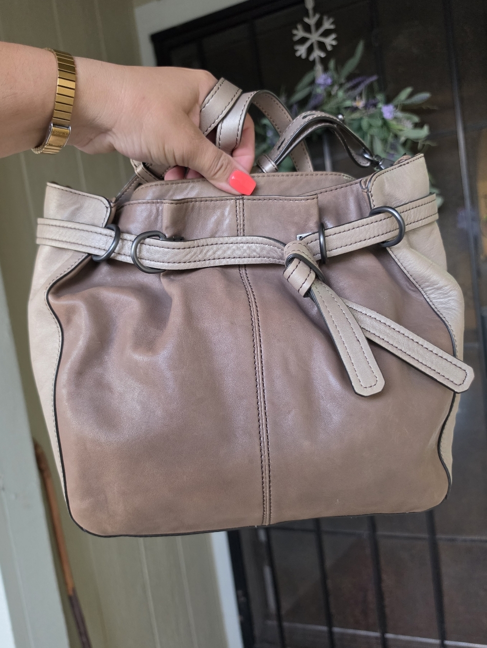 Kooba Taupe and Cream Leather Crossbody Bag